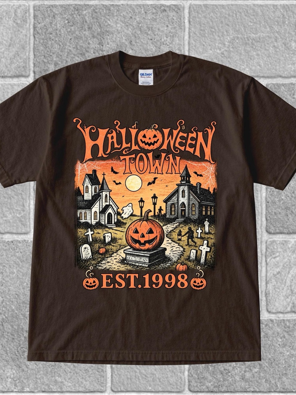 Halloween Town Pumpkin Graphic Tee, Vintage Spooky Graveyard Shirt